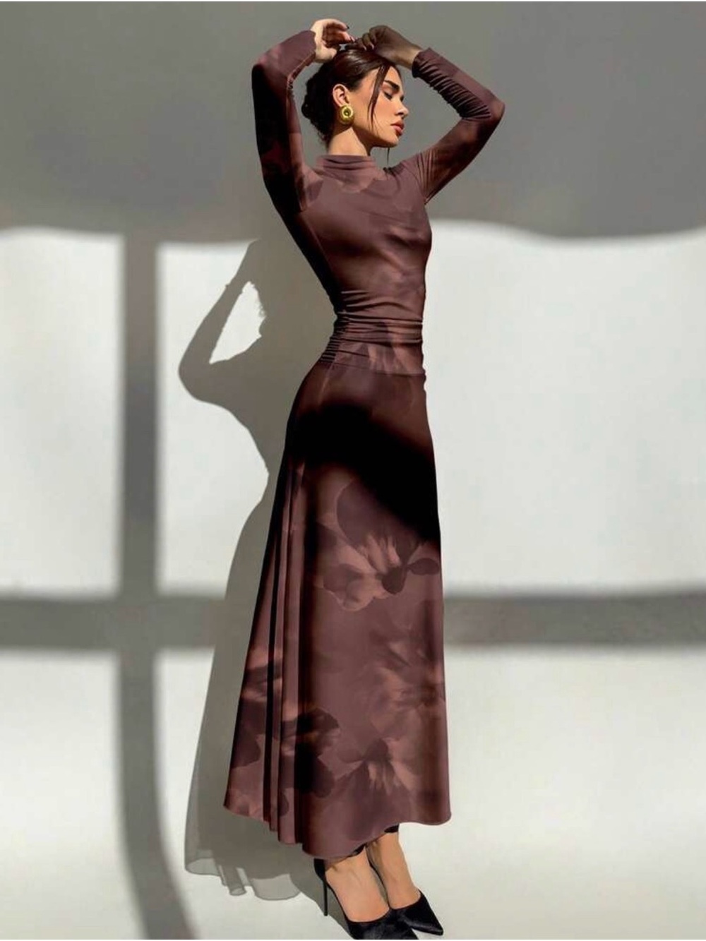 Chic Long-Sleeve Plum Ruched Abstract Floral Formal Mock Turtleneck Maxi Dress S